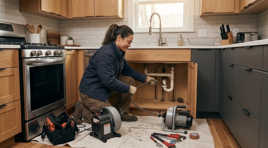 Plumber using motorized auger equipment to clear a severely clogged kitchen sink drain