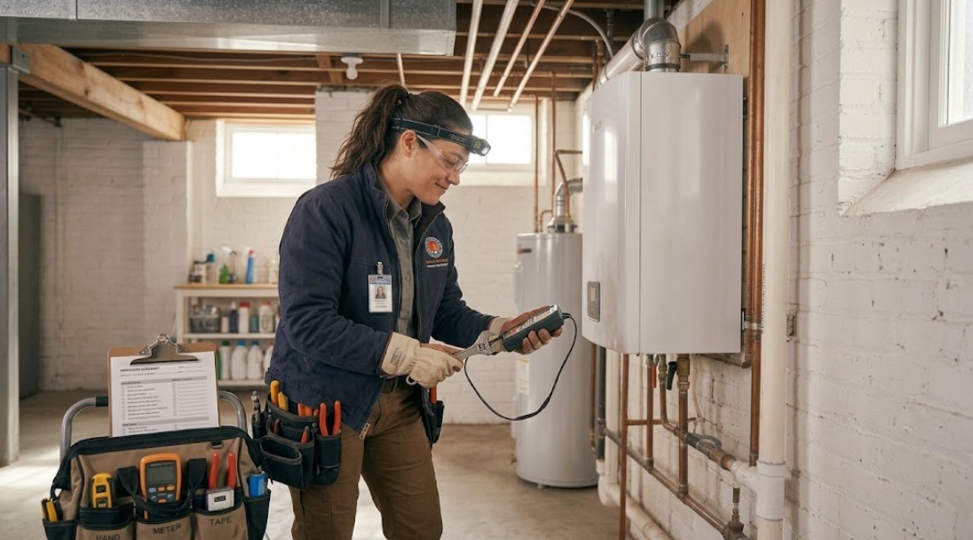 Professional discussing a boiler repair project with a homeowner