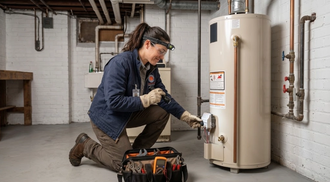 Plumber inspecting a residential hot water heater